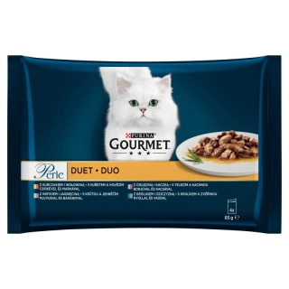 GOURMET Perle DUO Multipack  kura s hovädzim/morka s jahňacim/teľacie s kačicou/kralik so zverinou 4 x 85g 